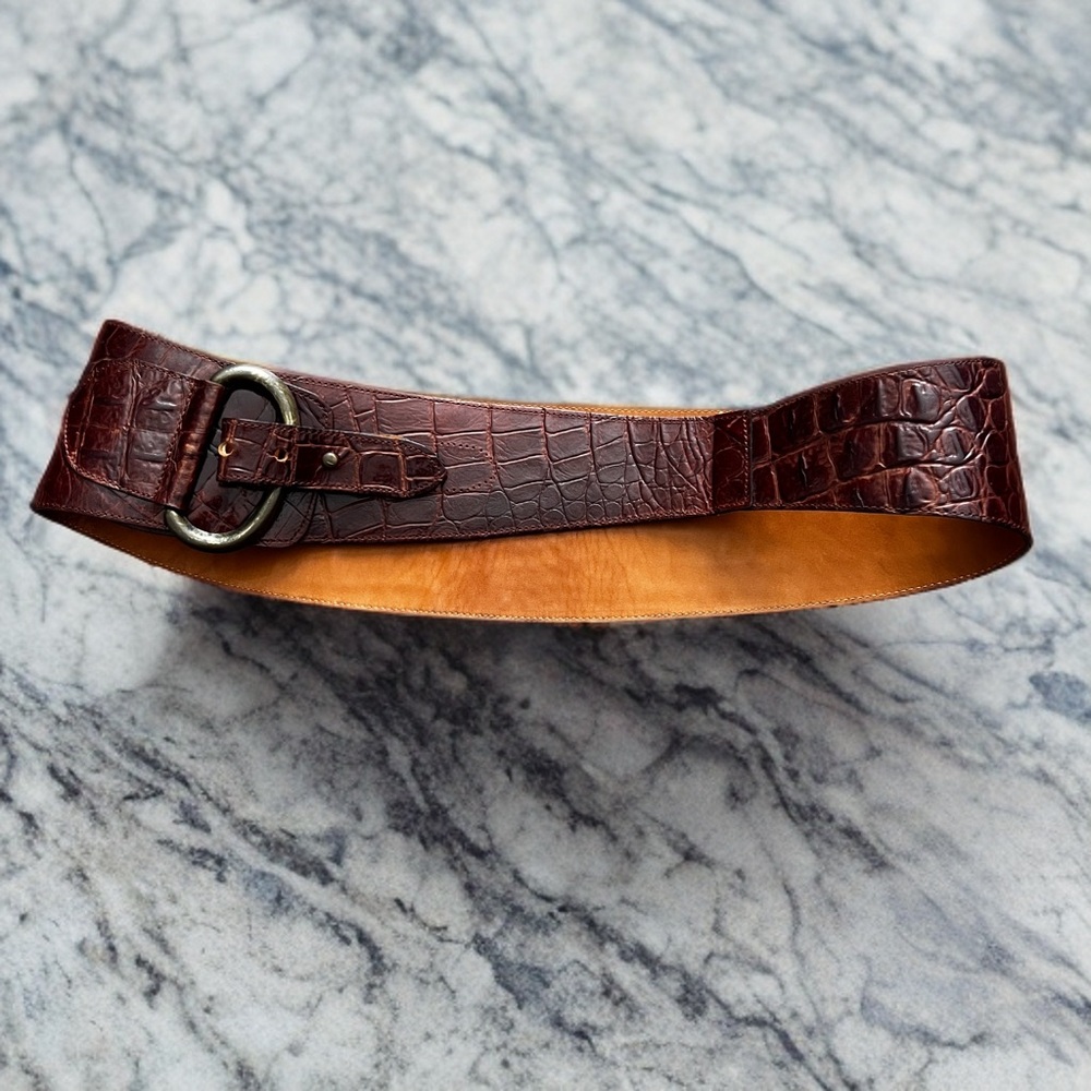 Joan & David Vintage Brown Embossed Crocodile Skin High Waist Belt Size Large